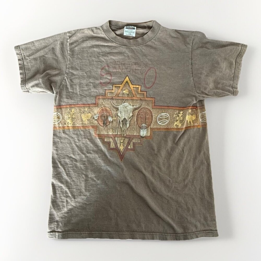 VTG 90s San Diego Town Aztec Navajo Skull Faded Distressed T-Shirt Size L